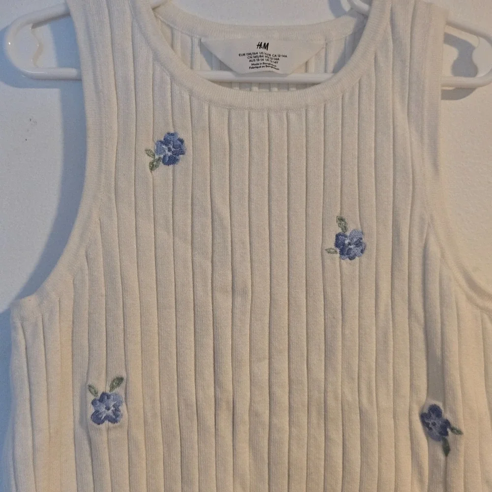 H&M Ribbed Top White Top Floral top Knitted Girls 16-18yo - Picture 3 of 5
